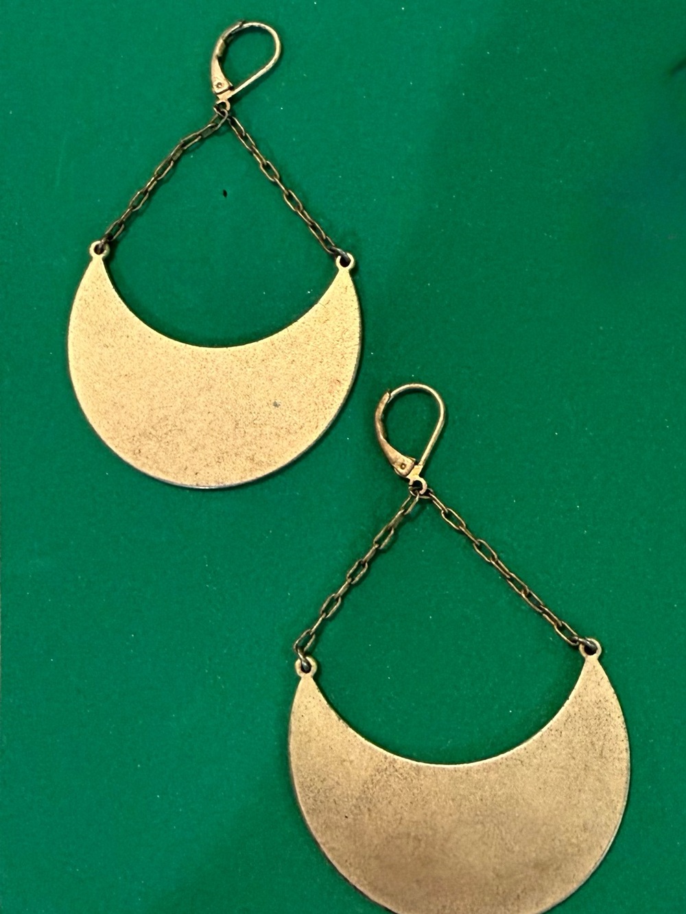 Vintage Gold-tone Brass Dangle Crescent Moon Earrings on Chain Link
